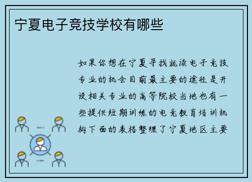 宁夏电子竞技学校有哪些