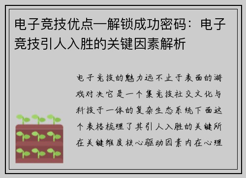 电子竞技优点—解锁成功密码：电子竞技引人入胜的关键因素解析